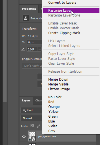 Where to find the 'Rasterize Layer' option in Adobe Photoshop